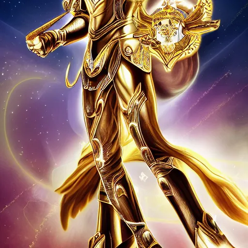 Image similar to A radiant, extreme long shot, photo of a 27-year-old Caucasian male wearing the Gemini Gold Armor, Beautiful gold Saint, Jaw-Dropping Beauty, gracious, aesthetically pleasing, dramatic eyes, intense stare, immense cosmic aura, from Knights of the Zodiac Saint Seiya, inside the Old Temple of Athena Greece,4k high resolution, Detailed photo, attention to detail, hyper detailed, ultra detailed, octane render, arnold render, Photoshopped, Award Winning Photo, groundbreaking, Deep depth of field, f/22, 35mm, make all elements sharp, at golden hour, Light Academia aesthetic, Socialist realism, by Annie Leibovitz