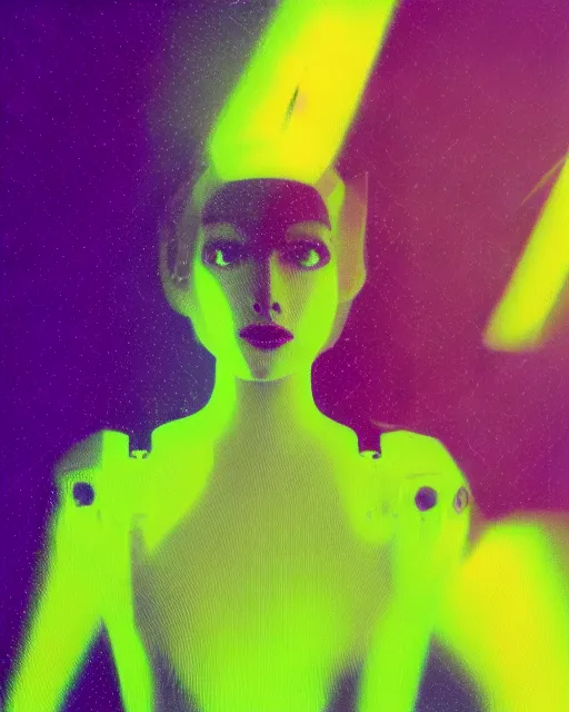 Image similar to robotic woman's face, blank expression, violet and yellow and green lighting, polaroid photo, atmospheric, whimsical and psychedelic, grainy, expired film, super glitched, corrupted file, blobs