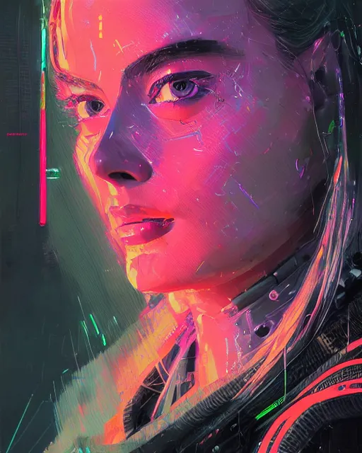 Prompt: detailed portrait Margot Robbie Neon Operator Girl, cyberpunk futuristic neon, reflective puffy coat, decorated with traditional Japanese ornaments by Ismail inceoglu dragan bibin hans thoma greg rutkowski Alexandros Pyromallis Nekro Rene Maritte Illustrated, Perfect face, fine details, realistic shaded, fine-face, pretty face