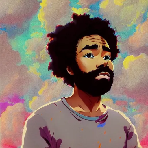 Prompt: donald glover with curly hair, painting on a canvas, anime style, studio ghibli, contemplative, beautiful, surreal, detailed, dreamy