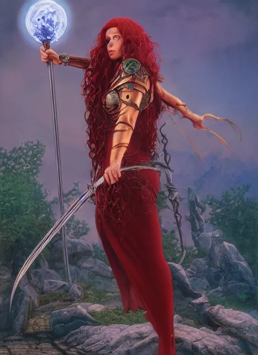 Image similar to beautiful elf witch red hair, holding a magic staff, d & d fantasy character, detailed matte painting, studio lighting, octane render, larry elmore michael whelan