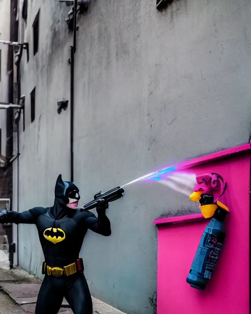 Prompt: happy batman firing super soaker water gun at playful criminals in an alleyway, everyone having fun, product advertisement, photogenic photograph