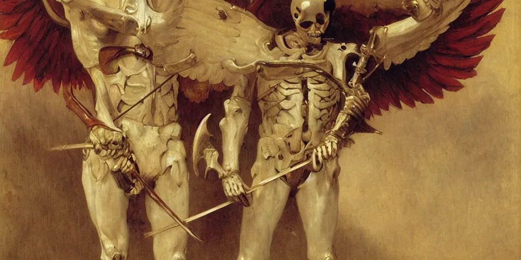 Image similar to portrait of a skeleton archer with big sword, wearing helmets and armor with wings, symmetrical, solemn, sacred, aura, by bouguereau