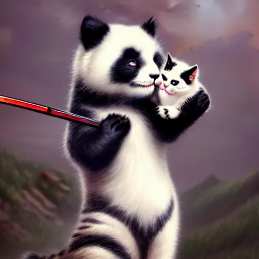 Image similar to cute kitten with panda body and cat face, in a kimono, holds a sword, artwork by greg rutkowski, highly detailed, matte painting 4 k