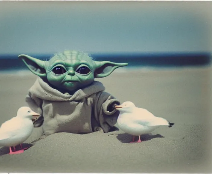 Prompt: polaroid photograph of a very detailed and beautiful baby yoda!!. grogu. at the beach next to a big seagull!!!!. photo by martin parr and annie lebovitz. 2 4 mm lens