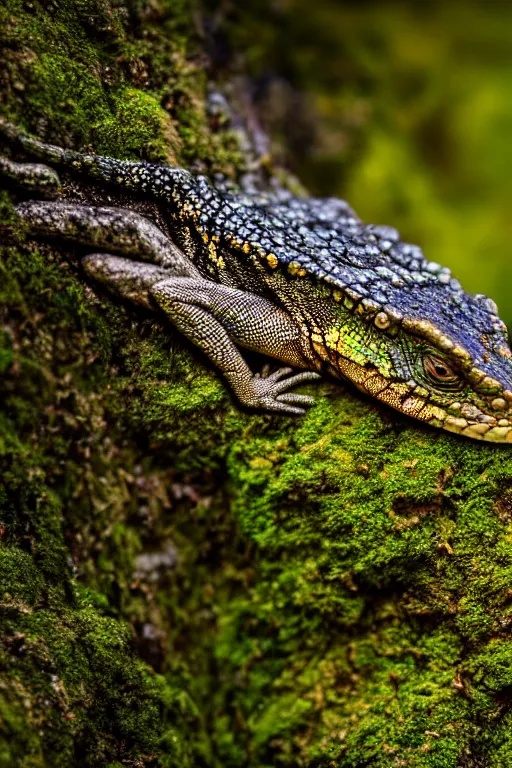 Prompt: a macro portrait photo of a lizard on a moss covered rock, shiny scales, moss and vegetation, ancient forest, close - up, intricate details, intricately detailed textures, warm lighting, vivid colors, smoke and mist, hyper realistic octane render, volumetric shading, depth of field, raytracing, 8 k,