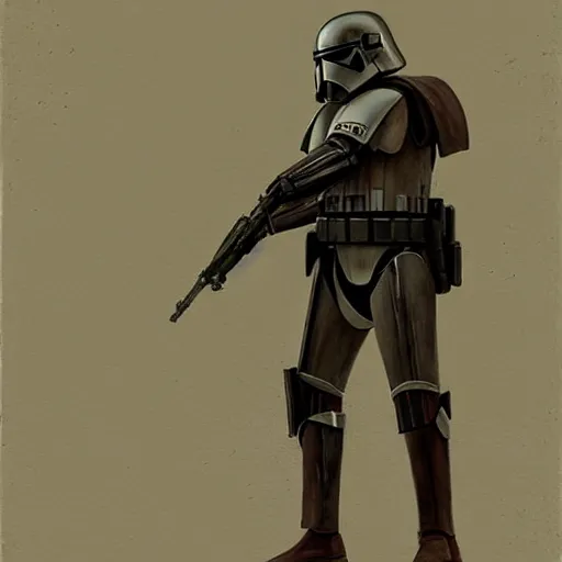 Image similar to an extremely long shot of an imperial stormtrooper in battle position ready to shoot his blaster concept art by Doug Chiang cinematic, realistic painting, high definition, very detailed, extremely high detail, photo realistic, concept art, the Mandalorian concept art style, green background