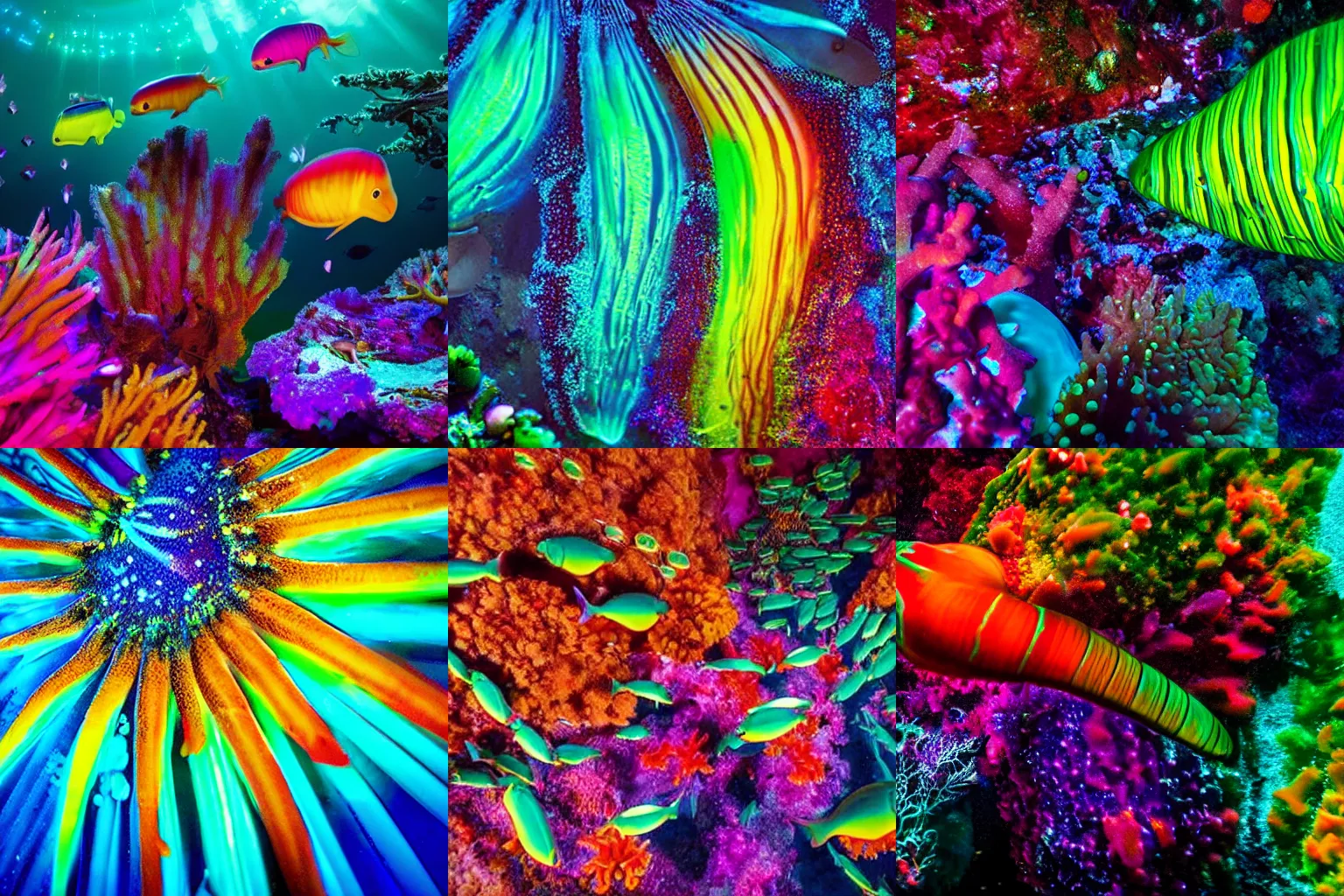 Prompt: most colorful image ever filmed of marine life, national geographic award winning photo, dazzling sea creatures with bioluminescence in every color of the rainbow