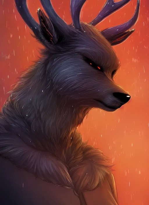 Image similar to award winning beautiful portrait commission of a male furry anthro Black Reindeer fursona with a tail, wings and a cute beautiful attractive detailed furry face wearing stylish black and orange galaxy clothes in a outerspace city at night while it rains. Character design by charlie bowater, ross tran, artgerm, and makoto shinkai, detailed, inked, western comic book art