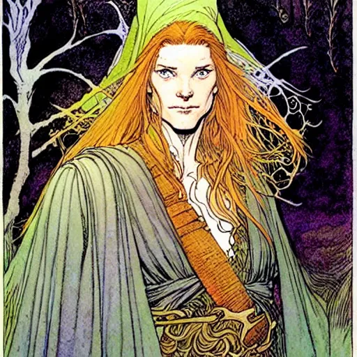 Image similar to a beautiful portrait of sanna!!!!! marin!!!!!, as a druidic wizard by rebecca guay, michael kaluta, charles vess and jean moebius giraud