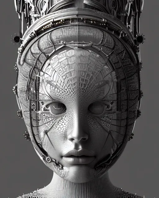 Prompt: mythical organic bio-mechanical spinal ribbed profile face portrait detail of silver mechanical beautiful female angelic-queen-vegetal-cyborg, highly detailed, intricate steampunk ornate, poetic, 3D render, digital art, octane render, 8K artistic photography, photo-realistic, by Dora Maar