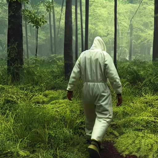 Prompt: a man wearing a hazmat suit, walking through a lush jungle, unreal engine 5, ray traced, god rays, extremely high detail