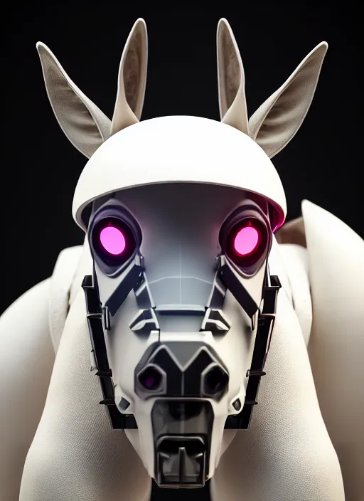 Image similar to hyper detailed ultra sharp portrait of a beautiful fashionable porcelain ivory cyberpunk scifi robo donkey with glowing eyes, up close shot, sharp focus, global illumination, radiant light, black haute couture, alexandre ferra, irakli nadar, octane render, 4 k, ultra hd,