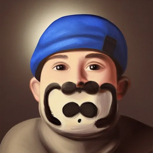 Image similar to Cute round blue robot with mustache and french beret holding a brush, portrait, photorealism