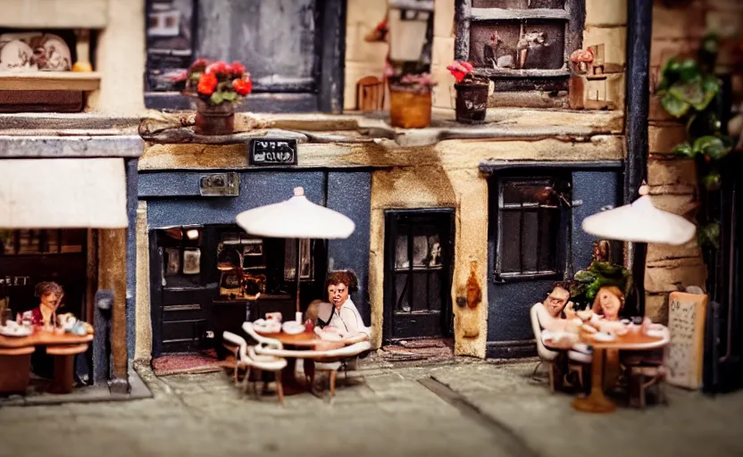 Image similar to miniature cafe diorama macro photography, cafe for mice, alleyway, ambient, atmospheric photograph, romantic