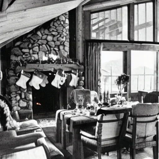 Image similar to Christmas 1985, drunk at christmas lunch, mountain chalet, fireplace, cozy