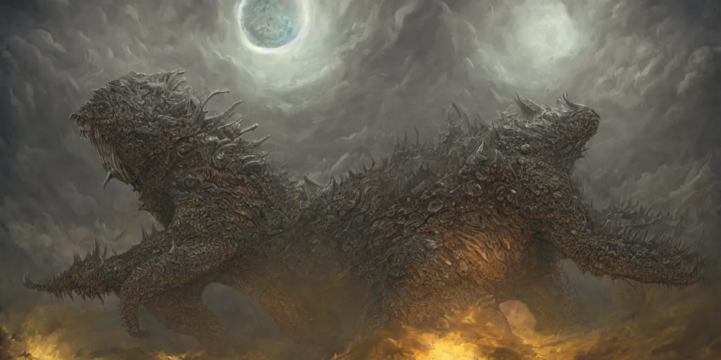 Image similar to concept art of giant kaiju, lovecraftian, roaring, melting horror, round moon, rich clouds, fighting the horrors of the unknown, mirrors, very detailed, volumetric light, mist, grim, fine art, decaying, textured oil over canvas, epic fantasy art, very colorful, ornate scales, anato finnstark