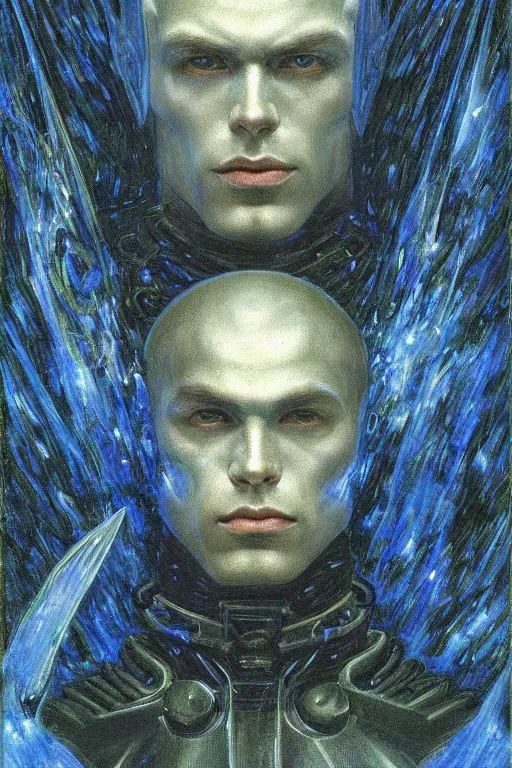 Image similar to portrait of beautiful gothic and futuristic young man, warhammer, cyber armor, a lot of scars, thunderstorm and fire, blue head, the middle ages, highly detailed, artstation, illustration, art by jean delville, 8 k quality, art by jean delville, max ernst