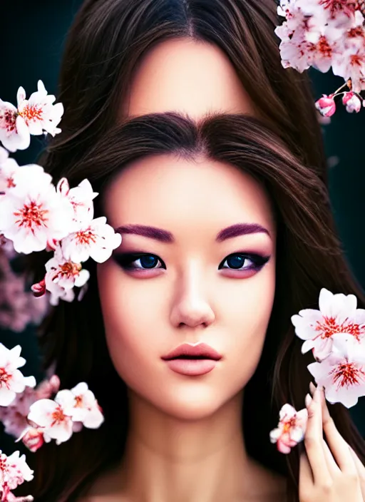Prompt: a gorgeous female, photo by oliver valsecchi, realistic, face by wsop, half body shot, wide angle, sharp focus, 8 k high definition, insanely detailed, intricate, elegant, art by artgerm, cherry blossoms
