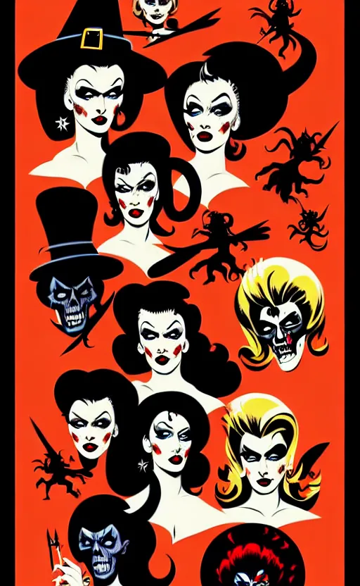 Image similar to witches, detailed faces, psychobilly, rockabilly, punk, full body, white background, vector art, illustration by frank frazetta