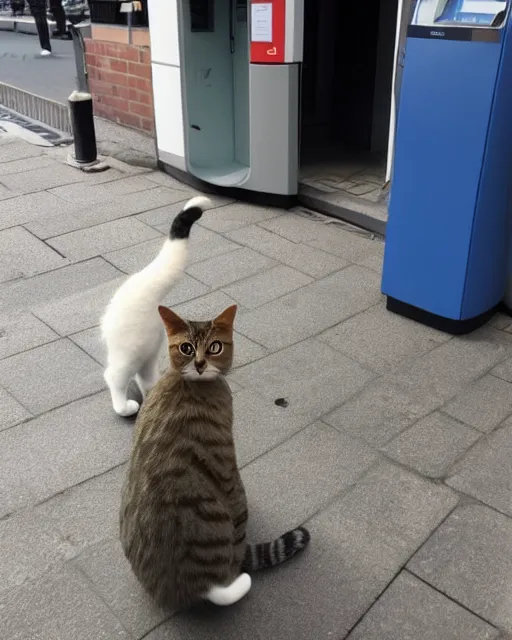 Image similar to cat standing up, in line at an ATM in copenhagen, as seen on reddit, photograph