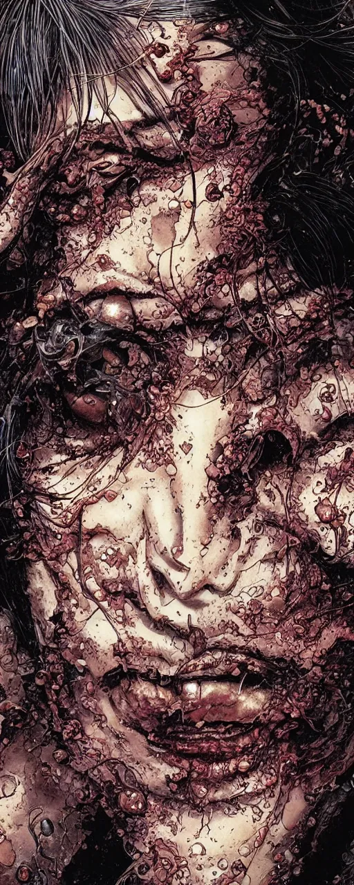 Prompt: closeup of face melting in agony, inside dark oil, frontal picture, by yoichi hatakenaka, masamune shirow, josan gonzales and dan mumford, ayami kojima, takato yamamoto, karol bak