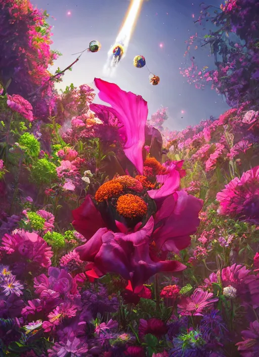 Image similar to An epic fantastic realism comic book style painting of the most beautiful flowers launched into space, bouquets, fisheye lens, unreal 5, DAZ, hyperrealistic, octane render, dynamic lighting