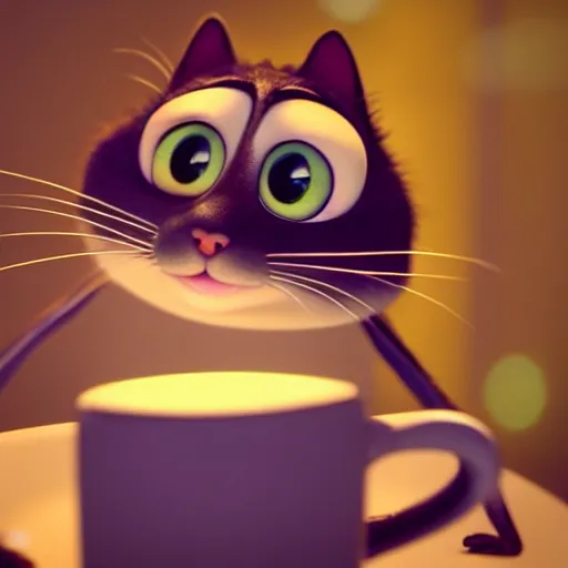 Image similar to a cute cat with big eyes looking at a cup of coffee at night full of stars. Pixar Disney 4K 3d render funny animation movie Oscar winning trending on ArtStation and Behance. Ratatouille style.