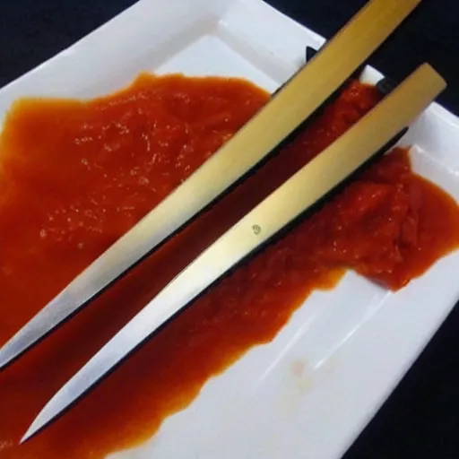 Image similar to best katana in the world with tomato sauce on it