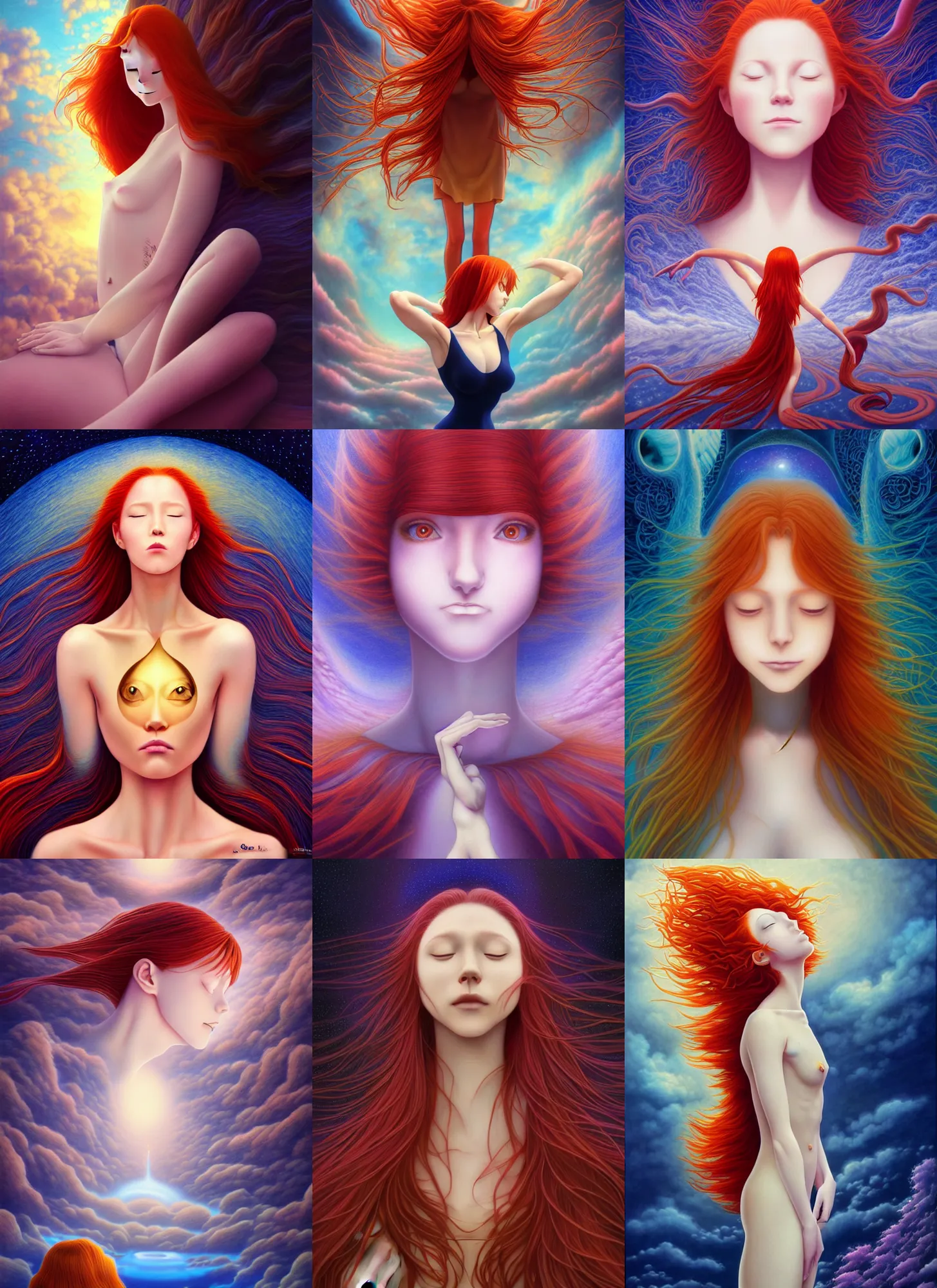 Prompt: a redhead woman falls into a dream within a dream within a dream within a dream within a dream, alex grey, salvador dali, fractal, surreal art, semi realistic anime, studio ghibli, makoto shinkai, award winning illustration, masterpiece, 8 k, trending on pixiv