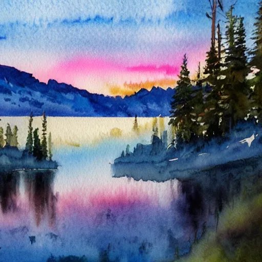 Image similar to alpine lake. bautiful sunrise. watercolor. trending on artstation