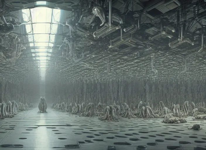 Prompt: an xenomorphic alien queen hive in a massive warehouse, alien eggs, haze, highly detailed hyper real retro interior high ceilings, retro futuristic, volumetric interior lighting, artstation, octane, vray render 4 k by giger, beksinski