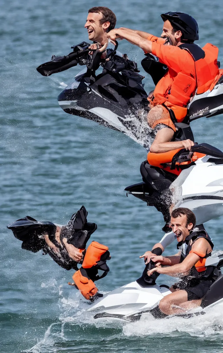 Image similar to portrait of emmanuel macron laughing on a jetski while big fires spread