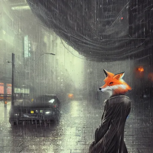 Image similar to beautiful portrait of a female anthro fox, smoking a cigarette in the rain, in crowded and wet street of a city, melancholic, cyberpunk, harsh neon lights, highly detailed, deep shadows, digital painting, shallow depth of field, illustration, art by sakimichan and greg rutkowski