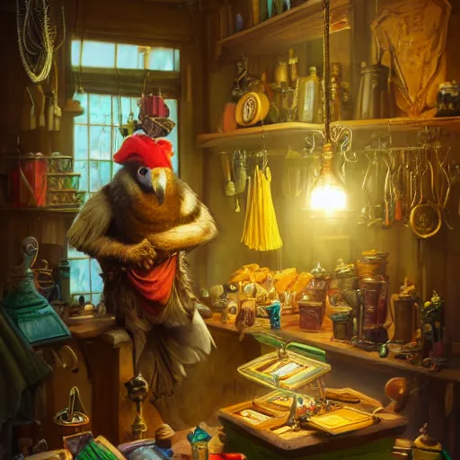 Image similar to A Anthropomorphized parrot trader in his shop, selling his wares, portrait, items, gold, carpet, window, sly expression, cunning expression, D&D, fantasy, intricate, cinematic lighting, highly detailed, digital painting, artstation, concept art, smooth, sharp focus, illustration, art by Akihiko Yoshida, Greg Rutkowski and Alphonse Mucha