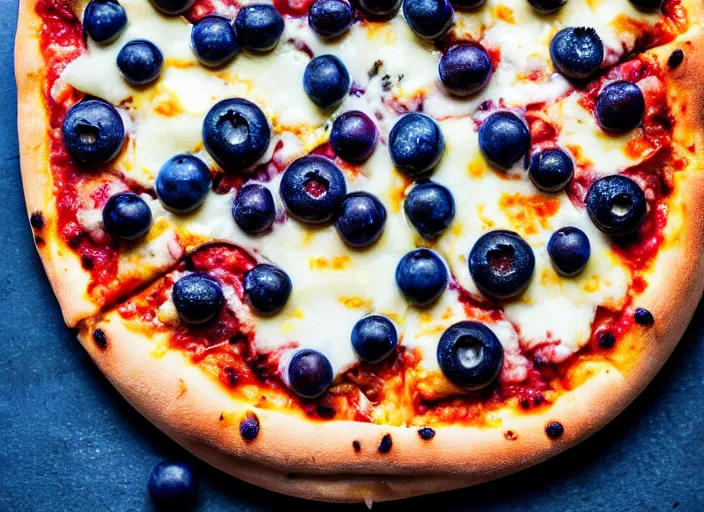 Prompt: A delicious plate of pizza with blueberries on, extra cheese, close up food photography, studio lighting, Sigma 35mm f/1.4