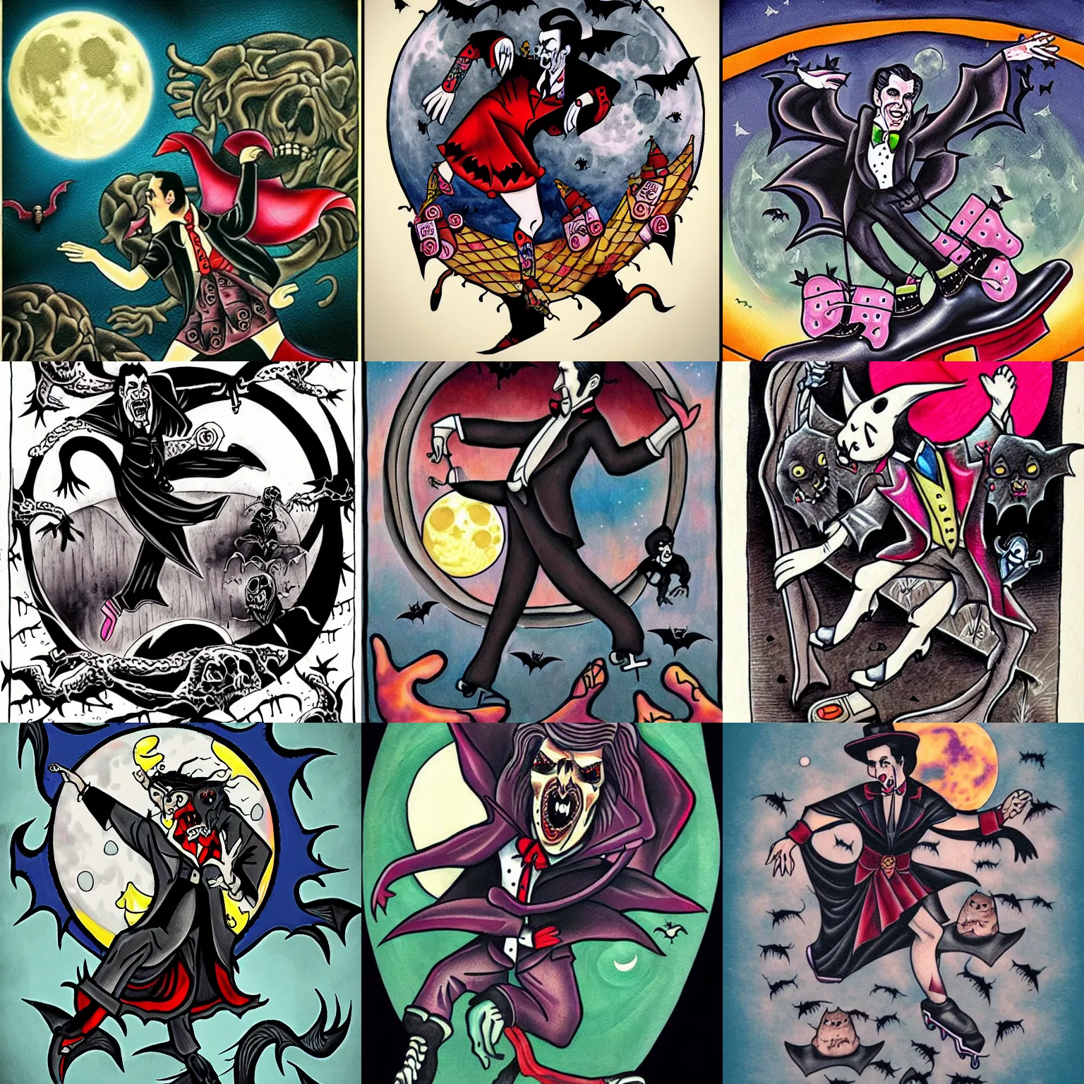 Image similar to dracula dancing on roller skates surrounded by bats and a full moon in the style of american traditional tattoo