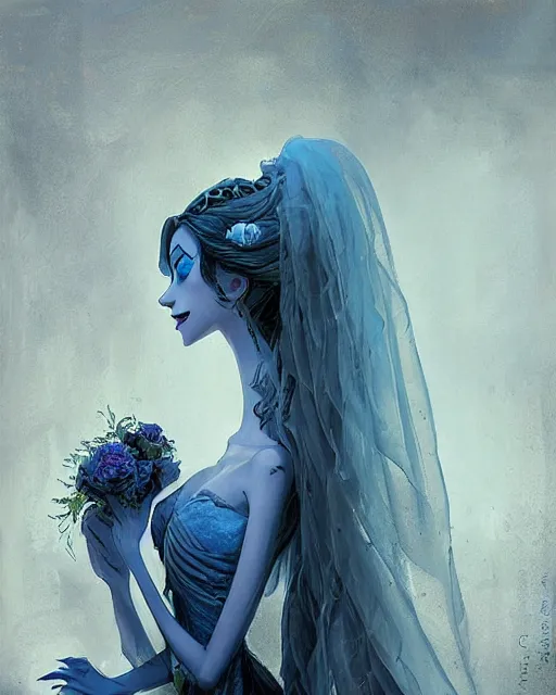 Image similar to elegant mysterious gracious undead victoria everglot from the corpse bride, portrait, illustration, the land of the death, piano in victorian front hall scene, rim light, top light, summer clear blue sky, perfectly shaded, soft painting, art by krenz cushart and wenjun lin