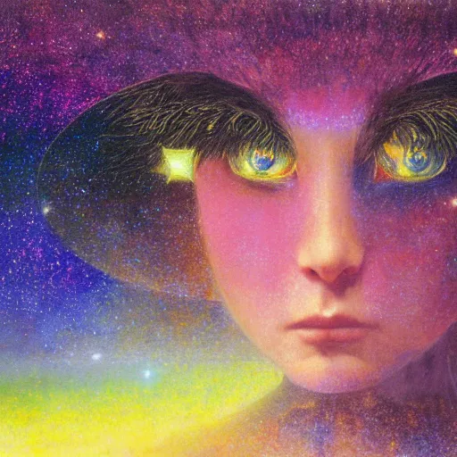 Image similar to psychedelic lush pine forest, outer space, milky way, amber eyes cat eyes designed by arnold bocklin, jules bastien - lepage, tarsila do amaral, wayne barlowe and gustave baumann, cheval michael, trending on artstation, star, sharp focus, colorful refracted sparkles and lines, soft light, 8 k 4 k