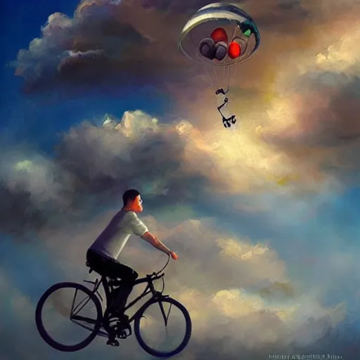 Image similar to A whimsical painting of a happy man flying in the sky on his bicycle in the clouds, expressive oil painting, digital art by Ross Tran