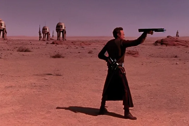 Prompt: film still of clint eastwood aiming a colt handgun in star wars. inside tatooine bar. 4 k