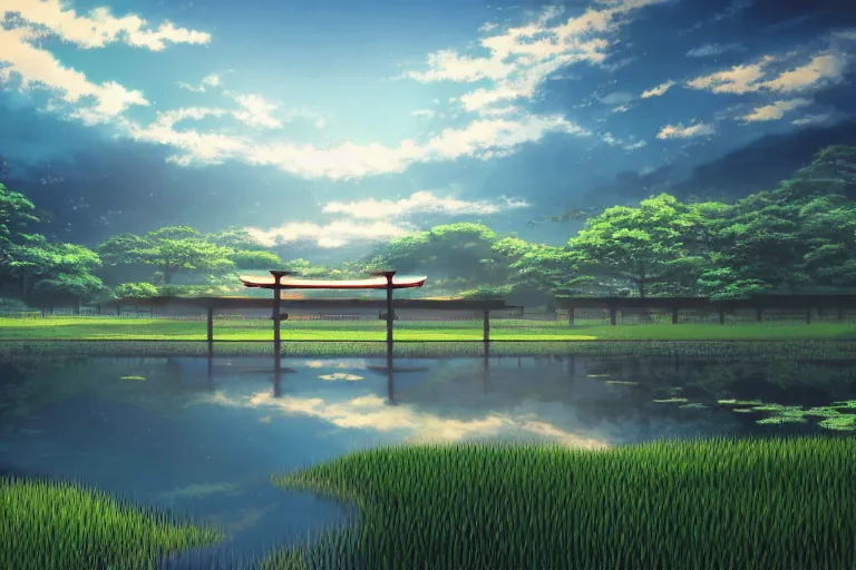 Prompt: hypnagogic reflections in the ricefields by makoto shinkai, centered torii gate, japanese countryside, anime wallpaper, 4k, trending arstationhq, daily deviation