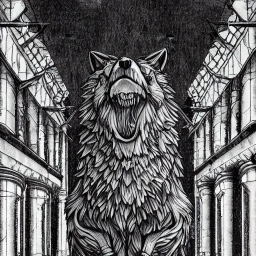 Image similar to a huge howling angry wolf in a huge bright maze of many doorways and lots of stairs, many doorways, inside MC Escher architecture, artstation, Junji Ito, epic composition, detailed background