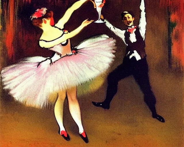 Prompt: vintage, melchizedek champagne bottle. cancan girl dancing, french, realistic, cheerful, 1 9 0 2, art by degas