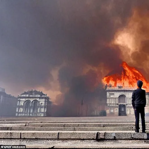 Image similar to the city is burning and fire is everywhere, palaces are collapsing just a man was standing alone crying while world is getting destroyed detailed picture