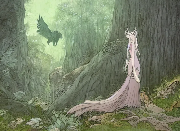 Prompt: a beautiful wolf queen spreading his wings in a mythical forest next to a pathway, dark eyes, by ghibli studio and miyasaki, illustration, great composition