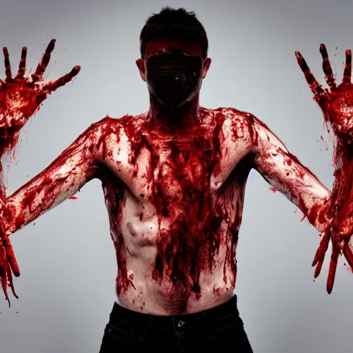 Image similar to ultra detailed photo of a man with many bloody arms covering his entire body