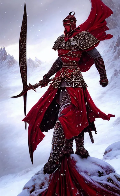 Prompt: crimson viking warrior, regal, elegant, winter, snow, beautiful, stunning, hd, illustration, epic, d & d, fantasy, intricate, elegant, highly detailed, wide angle, digital painting, artstation, concept art, smooth, sharp focus, illustration, wallpaper, art by artgerm and greg rutkowski and alphonse mucha and jin xiaodi