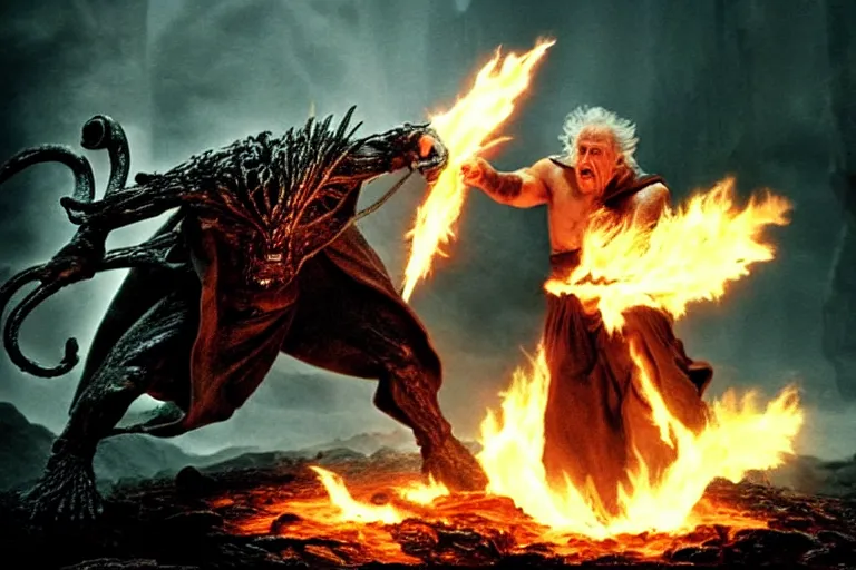 Image similar to movie still, balrog fighting gandalf at the bridge of khazad - dum, style of h. r. giger, fiery, dark, realistic movie still, cinematic, cgi,