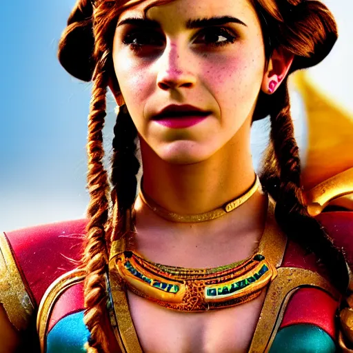 Image similar to Emma Watson modeling as Urbosa from Zelda, (EOS 5DS R, ISO100, f/8, 1/125, 84mm, postprocessed, crisp face, facial features)